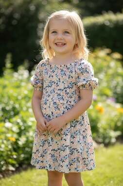 BCBG Girls Blue and Pink Floral Smocked Puff Sleeve Dress